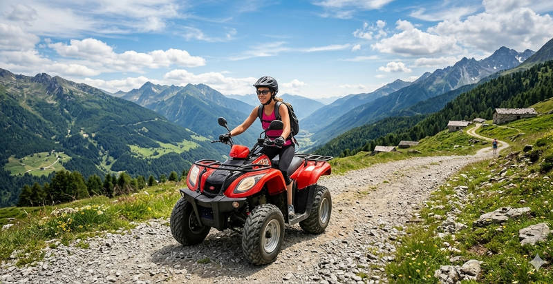 Donna alla guida di un quad rosso su un sentiero panoramico di montagna a Montecampione