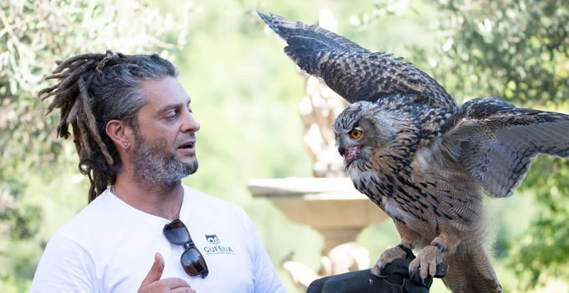 Maestro falconiere con rapaci a Manoppello, Abruzzo