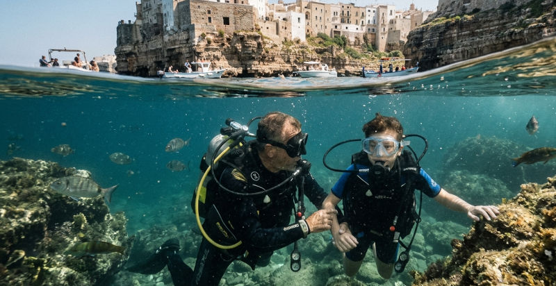 Istruttore e allievo nella prova corso sub in Puglia
