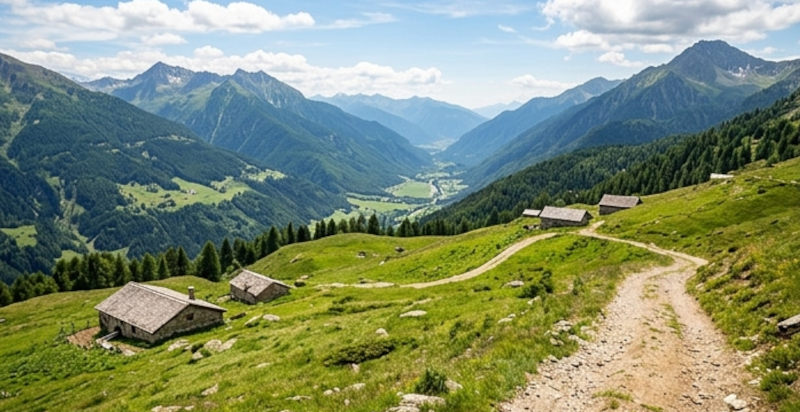 Sentiero sterrato per escursioni in quad tra le malghe e i pascoli verdi di Montecampione
