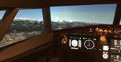 Cabina di pilotaggio del simulatore Airbus 320 con vista panoramica sulle montagne dal parabrezza