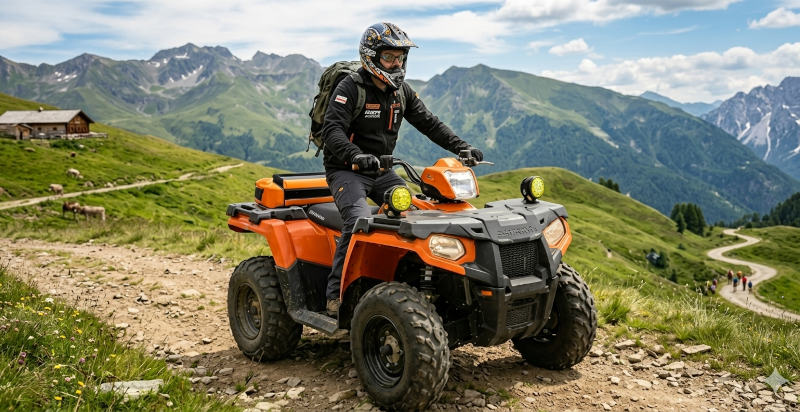 Guida esperta a bordo di un quad arancione durante un'escursione a Montecampione in Valcamonica